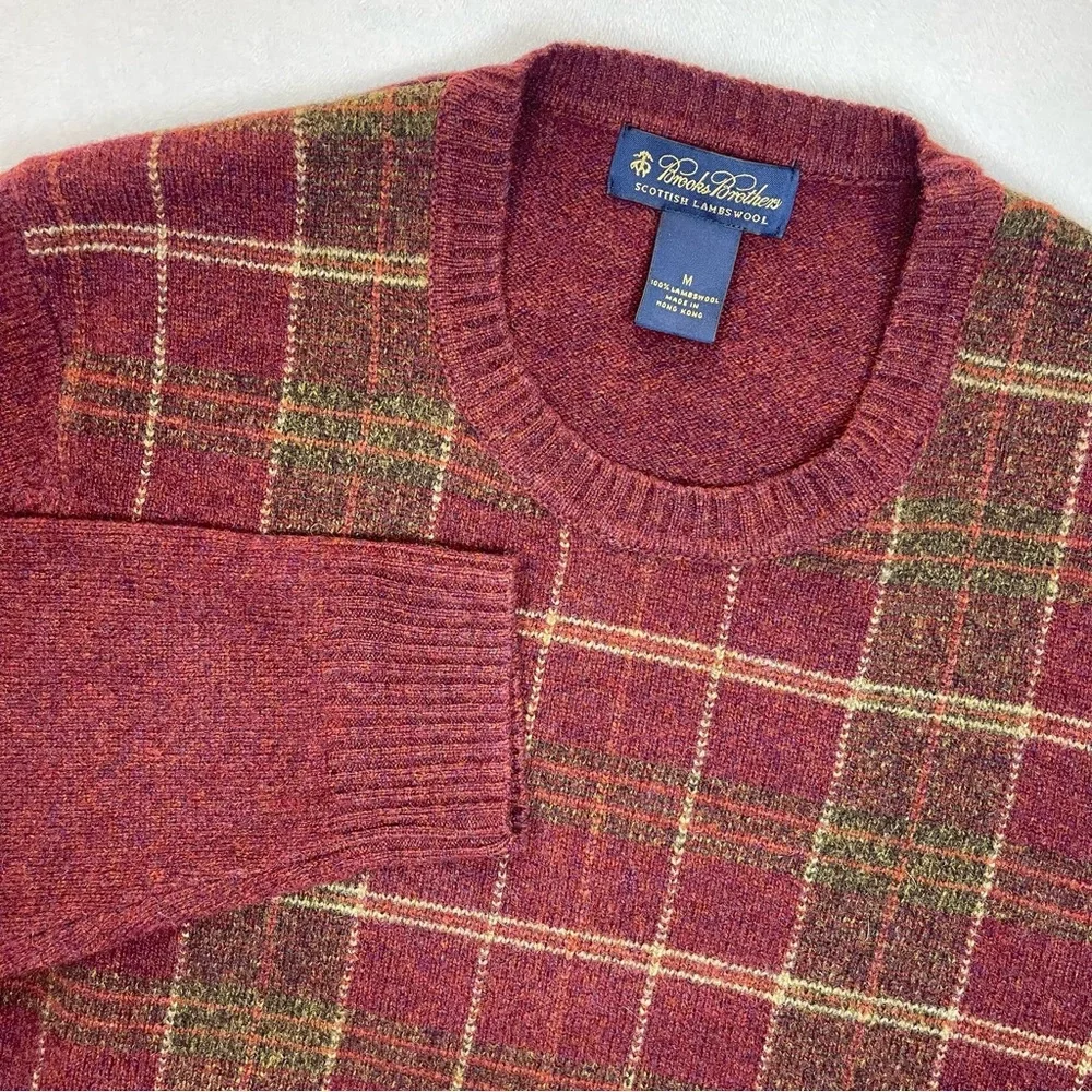 Brooks Brothers Sweater Mens M Red Yellow Check Lambswool Knit Crewneck Classic - Picture 2 of 9
